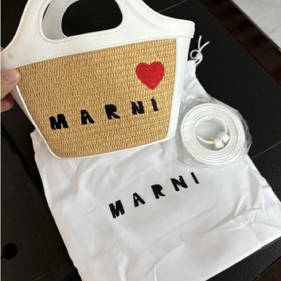 Marni Tan Woven Mini Bag With Red Heart